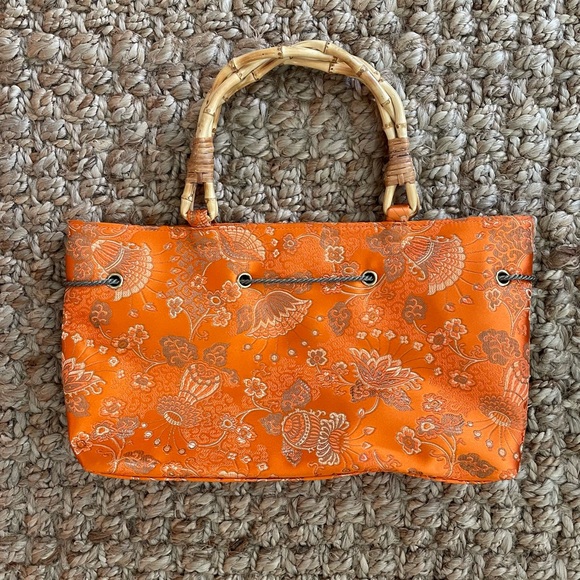 Fiona Lang Bamboo Handle Orange Floral Brocade Handbag – Metallic Detail MINT - Picture 4 of 6